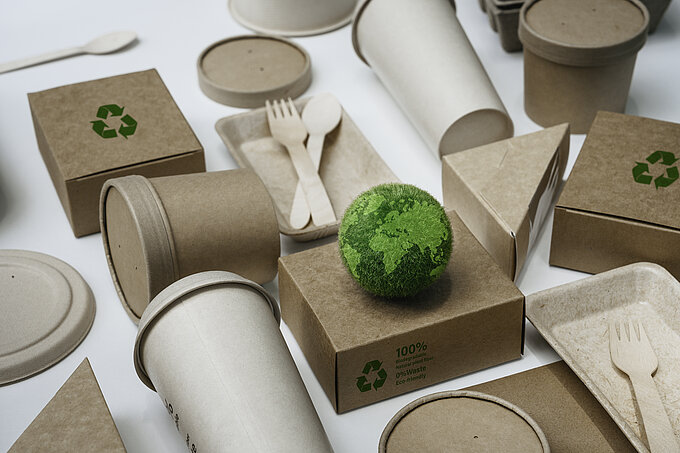 Eco friendly paper tableware and packaging made from biodegradable materials. zero waste and recycling concept. Green package or disposable for sustainable environmental and environmental protection