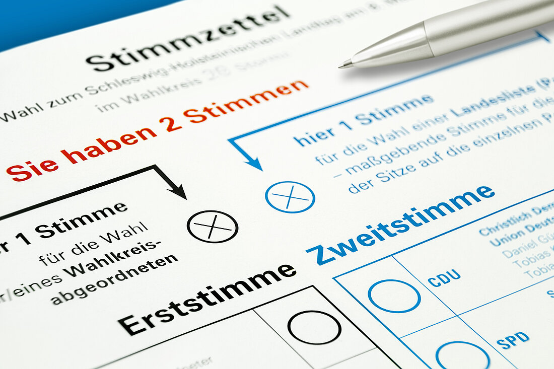 Regional election in Schleswig-Holstein and German ballot with first and second vote Regional election in Schleswig-Holstein and German ballot with first and second vote