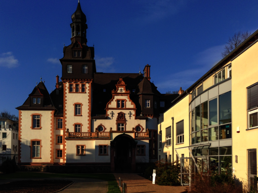 Blick auf die Villa Manskopf und das rechts davor stehende Bürogebäude.